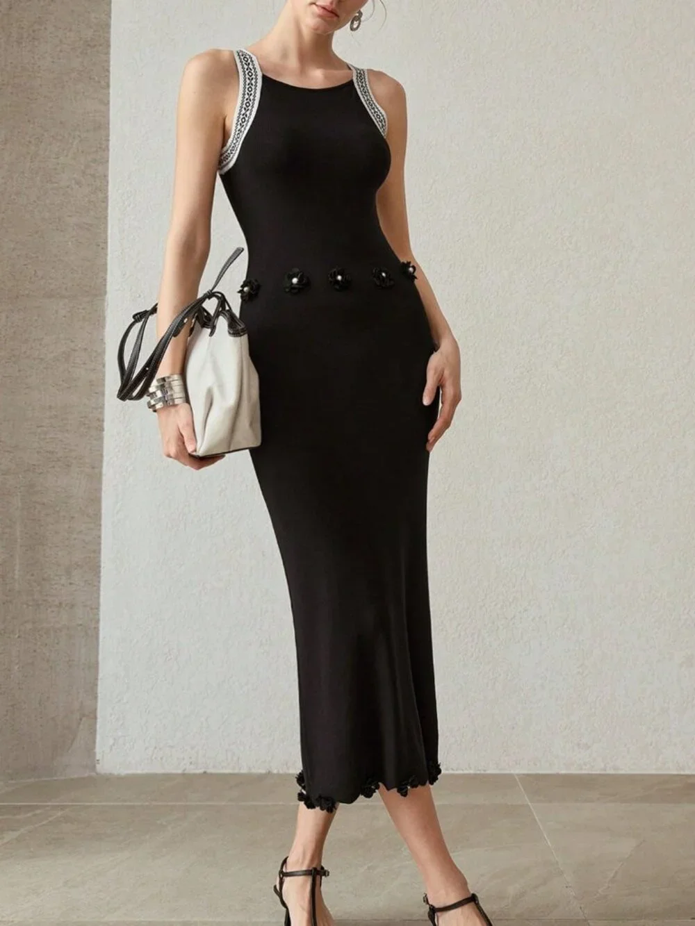 Black Elegant Women's Vacation Style Contrast Trim Knit Dress Party